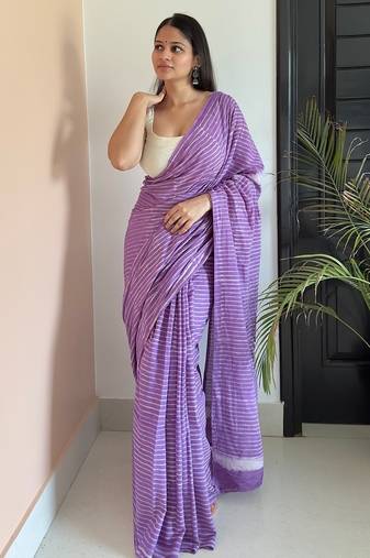 Purple hand block printed mul cotton saree with printed blouse