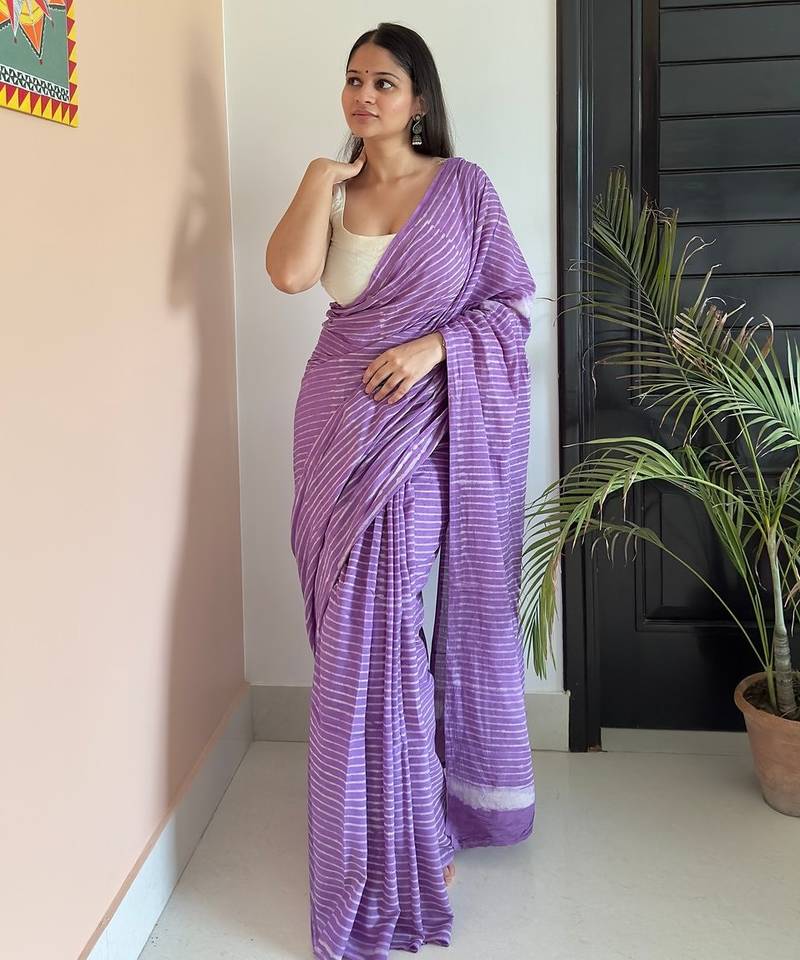 Purple hand block printed mul cotton saree with printed blouse