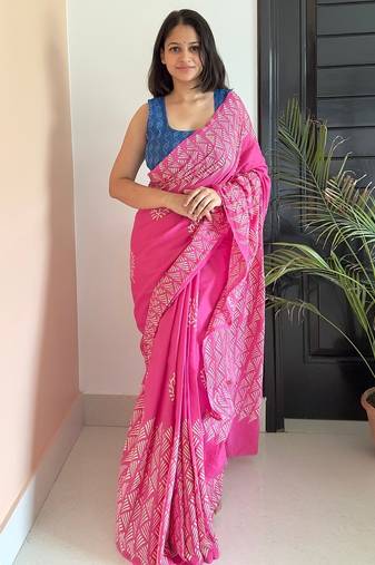 Pink hand block printed mul cotton saree with printed blouse