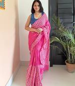 Pink hand block printed mul cotton saree with printed blouse