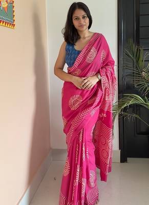 Pink hand block printed mul cotton saree with printed blouse 1