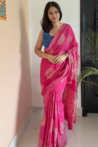 Pink hand block printed mul cotton saree with printed blouse