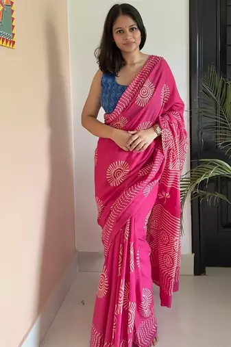 Pink hand block printed mul cotton saree with printed blouse
