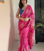 Pink hand block printed mul cotton saree with printed blouse