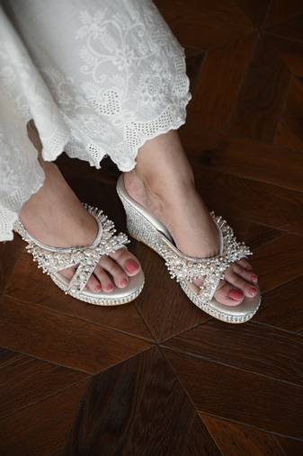 White handwork  wedges with beads and pearls