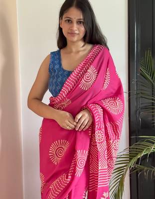 Pink hand block printed mul cotton saree with printed blouse 2