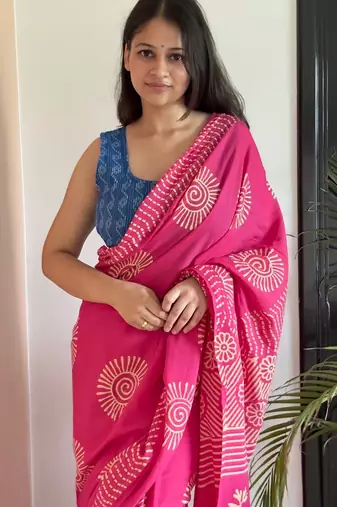 Pink hand block printed mul cotton saree with printed blouse