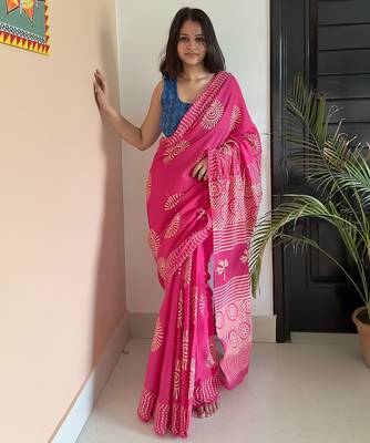 Pink hand block printed mul cotton saree with printed blouse 3