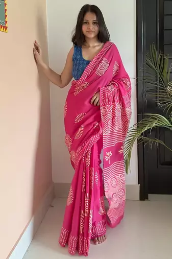 Pink hand block printed mul cotton saree with printed blouse