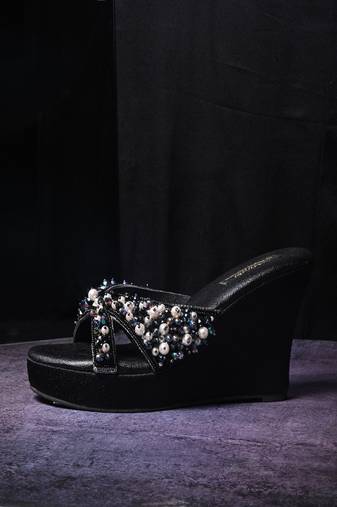 Black  handwork  wedges with beads and pearls