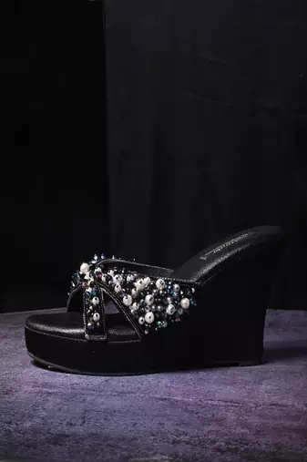Black  handwork  wedges with beads and pearls