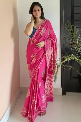 Pink hand block printed mul cotton saree with printed blouse