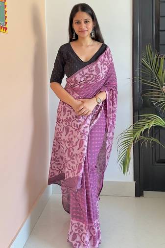 Purple hand block printed mul cotton saree with printed blouse