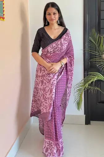 Purple hand block printed mul cotton saree with printed blouse