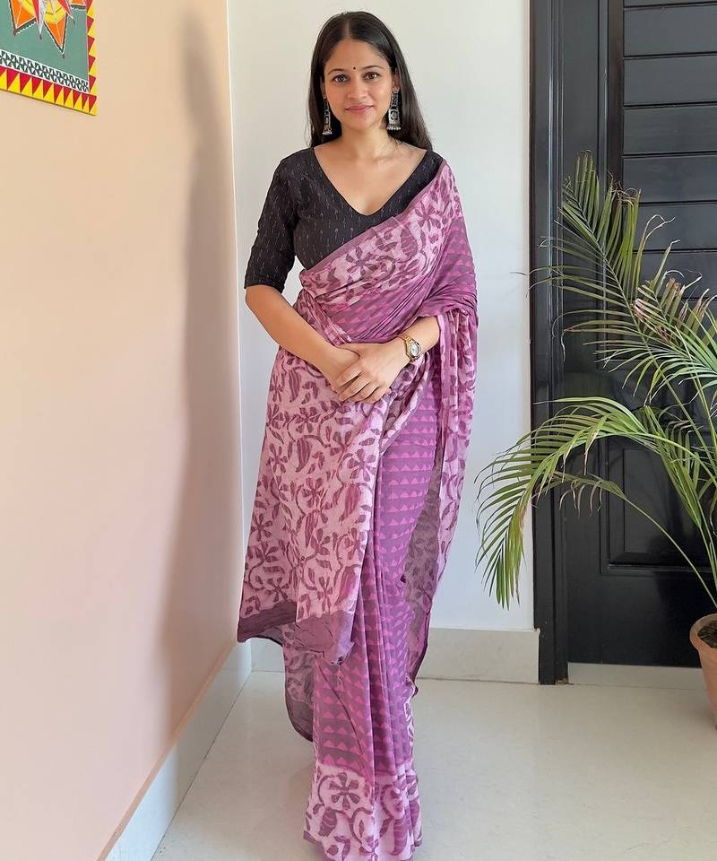 Purple hand block printed mul cotton saree with printed blouse
