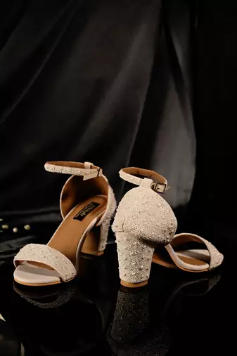 White pearl handwork block heels