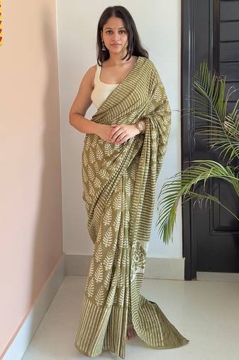 Green hand block printed mul cotton saree with printed blouse