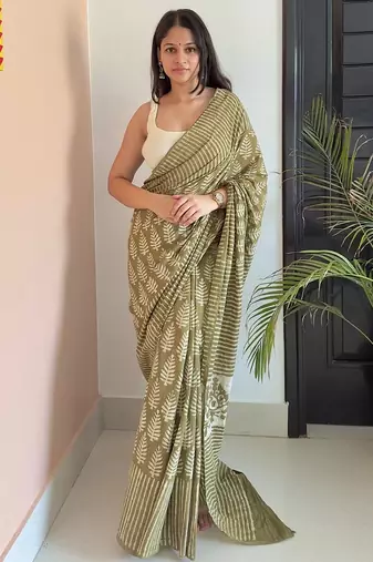 Green hand block printed mul cotton saree with printed blouse