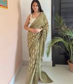 Green hand block printed mul cotton saree with printed blouse