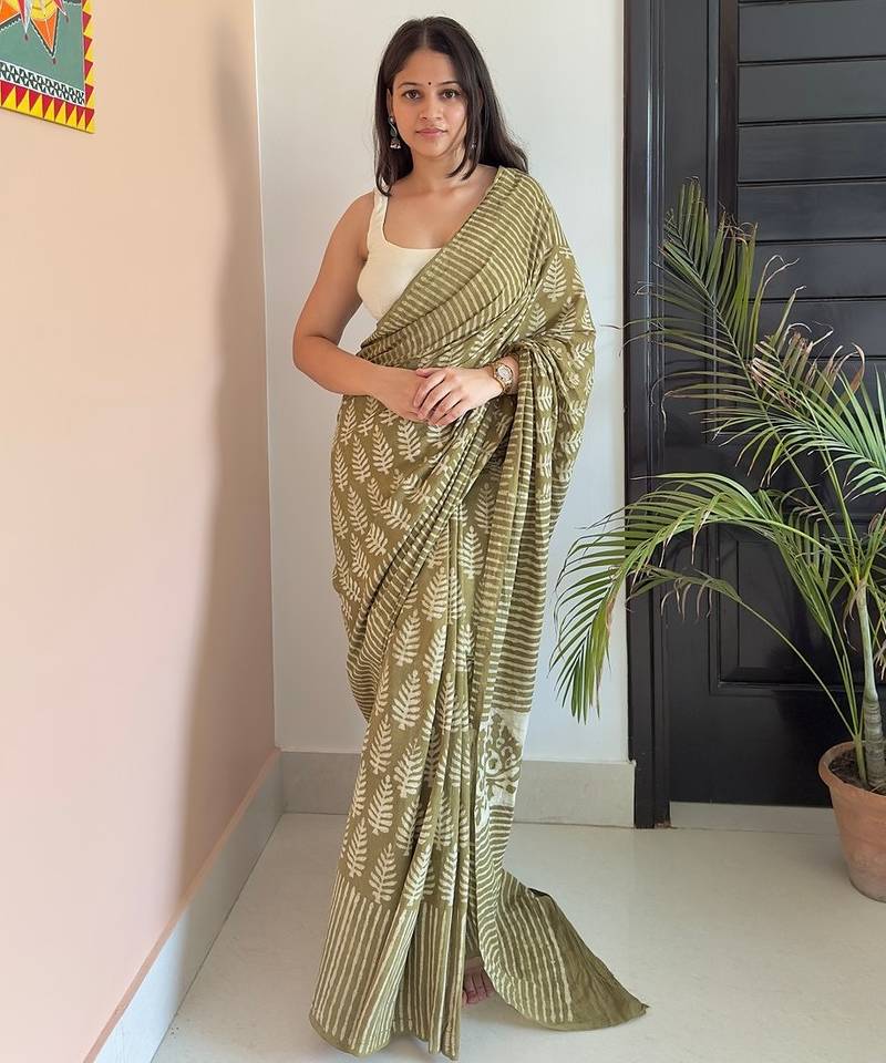 Green hand block printed mul cotton saree with printed blouse