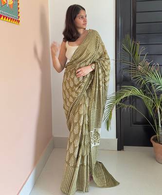 Green hand block printed mul cotton saree with printed blouse 2