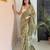 Green hand block printed mul cotton saree with printed blouse