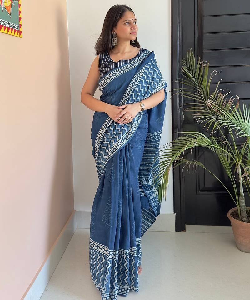 Blue hand block printed mul cotton saree with printed blouse