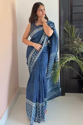 Blue hand block printed mul cotton saree with printed blouse