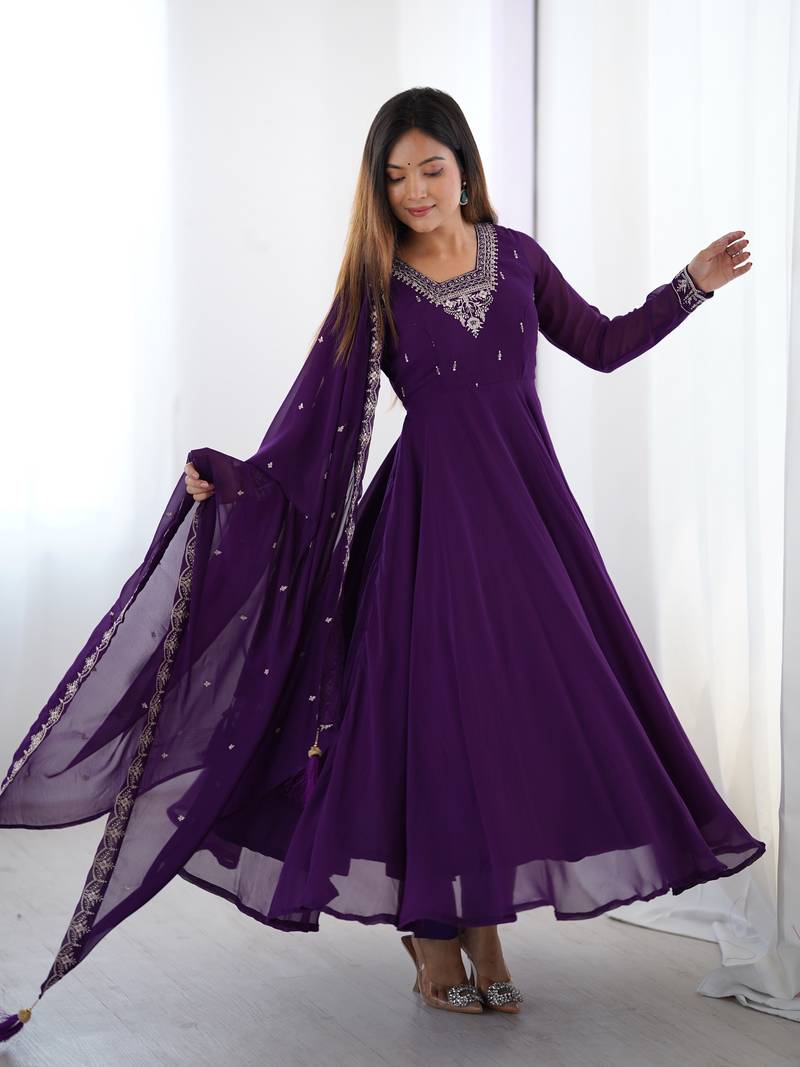 Purple Georgette Embroidered Kurta set