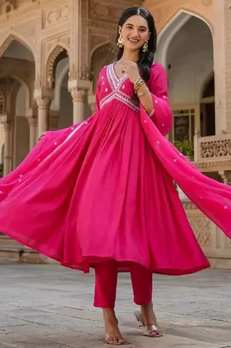 Pink embroidery chanderi silk aaliya cut kurta set with organza dupatta for women