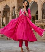 Pink embroidery chanderi silk aaliya cut kurta set with organza dupatta for women