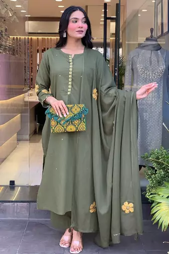 Dark green embroidery aline chanderi kurta set with chanderi dupatta for women