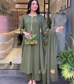 Dark green embroidery aline chanderi kurta set with chanderi dupatta for women