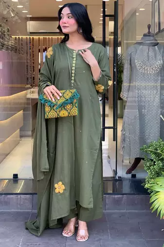 Dark green embroidery aline chanderi kurta set with chanderi dupatta for women