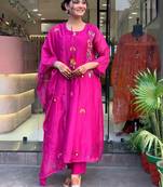 Rani pink floral embroidery chanderi silk a line kurta pant set with embroidery chanderi dupatta
