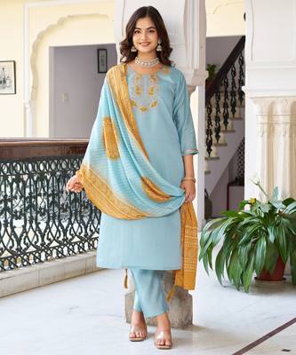 Light blue floral embroidery chanderi straight kurta pant set with printed bandhani dupatta 1