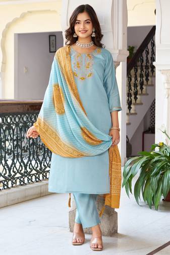 Light blue floral embroidery chanderi straight kurta pant set with printed bandhani dupatta
