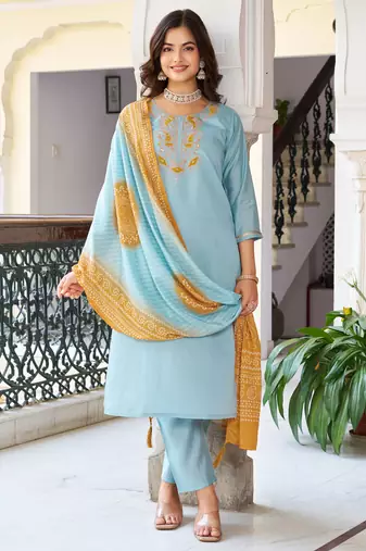 Light blue floral embroidery chanderi straight kurta pant set with printed bandhani dupatta