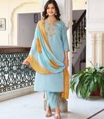 Light blue floral embroidery chanderi straight kurta pant set with printed bandhani dupatta