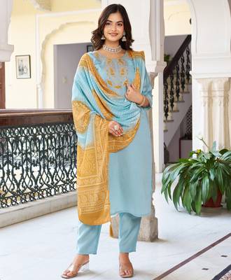 Light blue floral embroidery chanderi straight kurta pant set with printed bandhani dupatta 2