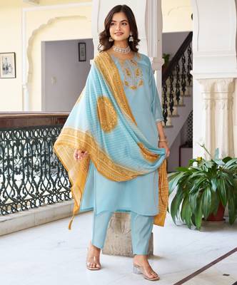Light blue floral embroidery chanderi straight kurta pant set with printed bandhani dupatta 3