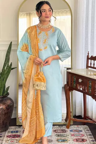 Light blue floral embroidery chanderi straight kurta pant set with printed bandhani dupatta