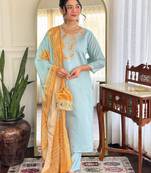 Light blue floral embroidery chanderi straight kurta pant set with printed bandhani dupatta