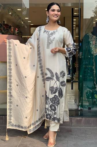 Cream floral printed chinon aline straight kurta set with printed chinon dupatta