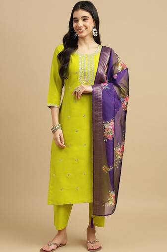 Lime sequence embroidery chinon round neck kurta set for women with printed organza dupatta