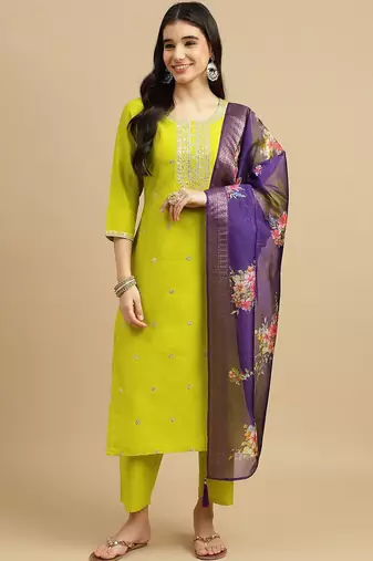 Lime sequence embroidery chinon round neck kurta set for women with printed organza dupatta