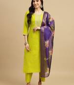 Lime sequence embroidery chinon round neck kurta set for women with printed organza dupatta