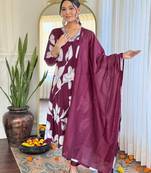 Purple sequence floral embroidery french creape printed kurta set with chanderi dupatta for women