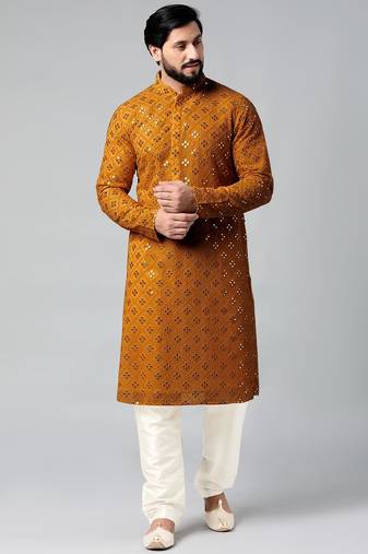 Mustard mirror embroidery kurta pajama