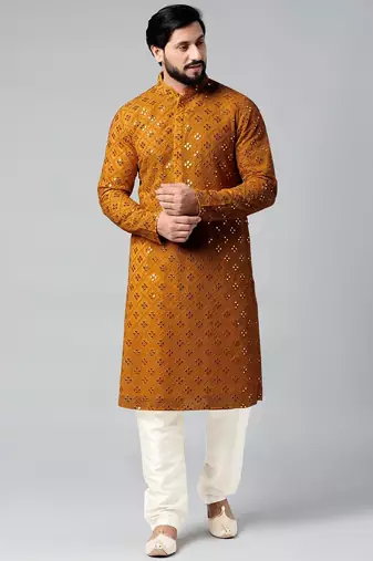 Mustard mirror embroidery kurta pajama